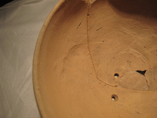 Hearst Museum object 8 of 48 titled Broken bowl, accession number 6-5108, described as Pottery: buff bowl, broken 5 small holes, slow ancient repairing; diameter 14 cm, height 8 cm.