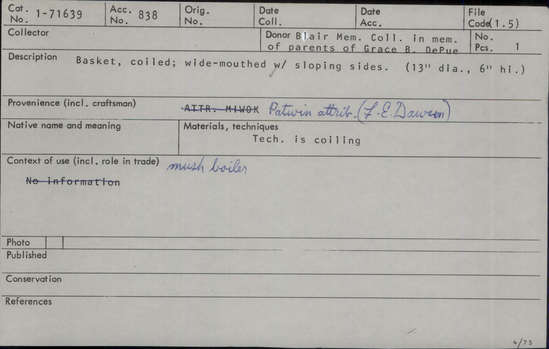 Documentation associated with Hearst Museum object titled Winnowing tray, accession number 1-71369, described as Coiled basket, deep tray.  Tag "Maidu att.".  Tag on baskets "D-62". Per Ralph Shanks:  Coiled basket winnowing tray.  Tight spiral, pinhole start.  The basket has a three rod foundation, probably willow.  The weft materials are peeled and unpeeled redbud.  The design at the base is a four sided star/flower.  On the sides is one horizontal band of zigzags, forming a four pointed star/flower.   The workface is on the inside, with many split stitches on the backface.  The weft fag ends are concealed and the work direction is to the left.  The basket has a plain wrapped rim with a blunt coil ending.  This is basket is attributed to the Patwin due to the shape and depth of the basket and the peeled redbud background.