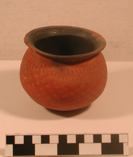 Hearst Museum object titled Cooking pot, accession number 10-331, described as earthen cooking pot;  painted red slip;  linear design around shoulder;  short flare rim;  globular body;  round bottom;  4 1/8" dia. at rim.