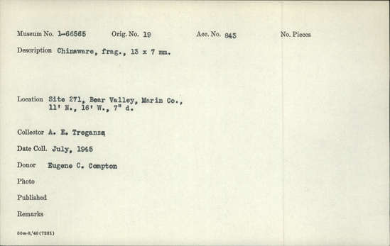 Documentation associated with Hearst Museum object titled Porcelain fragment, accession number 1-66565, described as Chinaware, fragment., 13 x 7 mm. Notice: Image restricted due to its potentially sensitive nature. Contact Museum to request access.