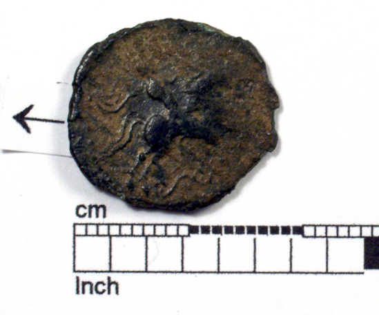 Hearst Museum object 3 of 6 titled Coin: æ, accession number 8-7837, described as Coin. Gallic. Æ. (2.98 gms.; 19 mm.) Obverse: KANO; Head facing left; Θ to right. Reverse: Horseman facing right.