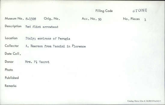 Documentation associated with Hearst Museum object titled Arrowhead, accession number 8-1328, described as Red flint arrowhead