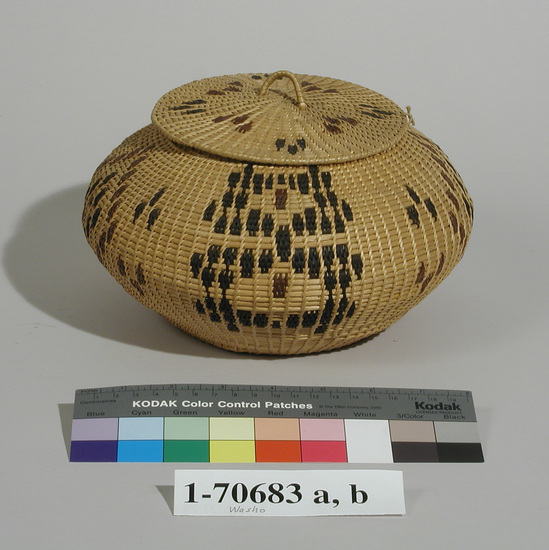 Hearst Museum object titled Basket with lid, accession number 1-70683a,b, described as Single rod coiling, spaced sewing, bowl shape. With cover.