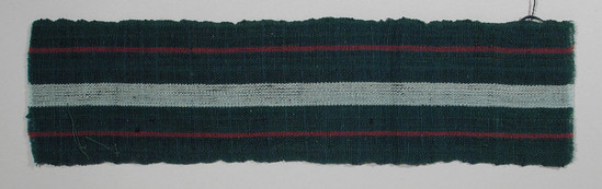 Hearst Museum object 2 of 2 titled Textile fragment, accession number 5-11304, described as textile sample (section of narrow band weaving): green ground, both side panels of green have central red stripe, center wide white stripe.