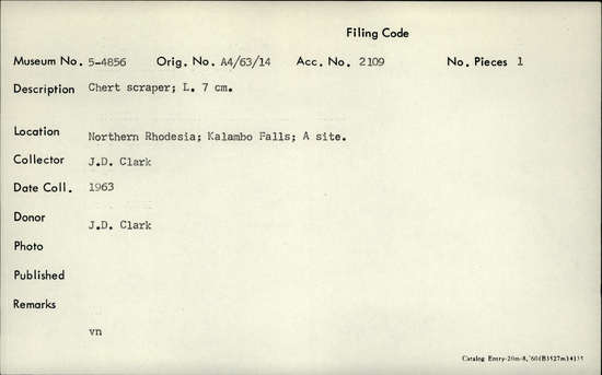 Documentation associated with Hearst Museum object titled Scraper, accession number 5-4856, described as Chert scraper; length: 7 cm