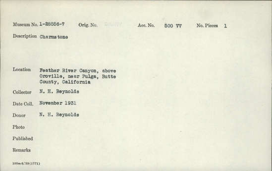 Documentation associated with Hearst Museum object titled Charmstone, accession number 1-28557, described as Charmstone.