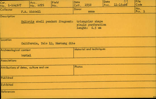 Documentation associated with Hearst Museum object titled Pendant, accession number 1-164507, described as Haliotis shell pendant fragment triangular shape, single perforation.
