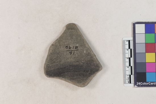 Hearst Museum object titled Potsherd, accession number 16-8149, described as Potsherd; body, shoulder.  Section of Manta on beach currently inhabited. Numbers  8111 to 8194 are sherds picked up on beach at low tide.