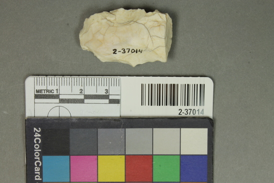 Hearst Museum object titled Stone tool fragment, accession number 2-37014, described as Base half of crude point or blade of white flint