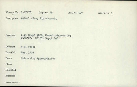 Documentation associated with Hearst Museum object titled Awl, accession number 1-37470, described as Animal ulna with charred tip.