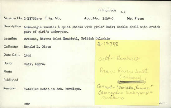 Documentation associated with Hearst Museum object titled Love-magic bundle, accession number 2-13788a-e, described as Four split sticks with girl's hair; cockle shell with crotch part of girl's underwear.
