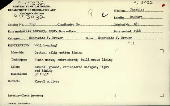 Documentation associated with Hearst Museum object titled Wall hanging, accession number 9-15032, described as Wall hanging?  Cotton, silk, cotton lining.  Plain weave, embroidered; twill weave lining.  Natural ground, varicolored designs, and light red lining.  Floral motives.  48 inches by 41 inches.