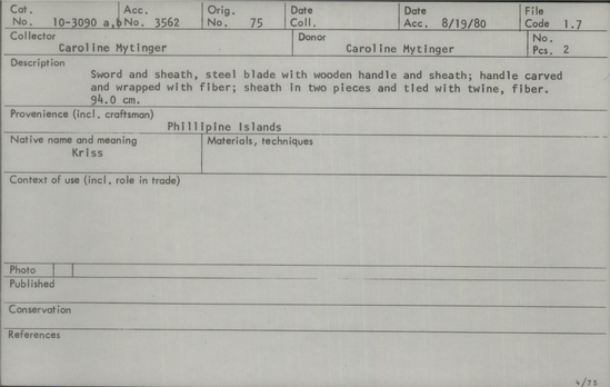 Documentation associated with Hearst Museum object titled Sword and sheath, accession number 10-3090a,b, described as Sword and sheath, steel blade with wooden handle and sheath; handle carved and wrapped with fiber; sheath is in two pieces and tied with twine, fiber. Native name: Kriss. 94 cm