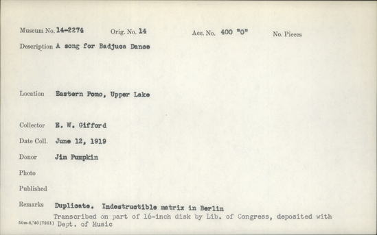 Documentation associated with Hearst Museum object titled Wax cylinder recording, accession number 14-2274.1, described as A Song for the Badjuca Dance; Original