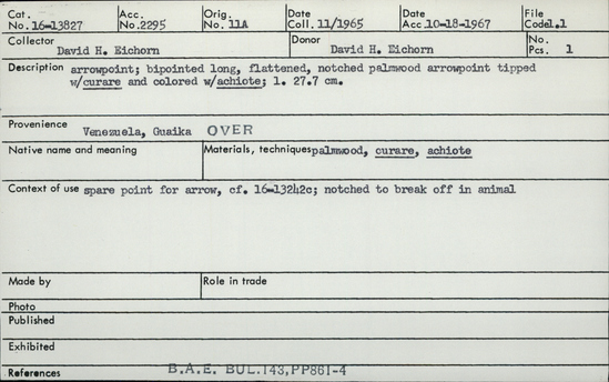 Documentation associated with Hearst Museum object titled Arrowhead, accession number 16-13827, no description available.