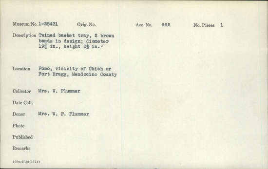 Documentation associated with Hearst Museum object titled Tray, accession number 1-28431, described as Twined basket tray.  2 brown bands in design.