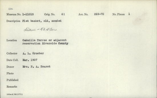 Documentation associated with Hearst Museum object titled Basket, accession number 1-11015, described as Flat, old, mended.