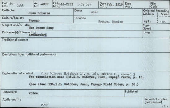 Documentation associated with Hearst Museum object titled Audio recording, accession number 24-2444, described as War Dance Song Notebook 14, p.163 Series 12, Record 3