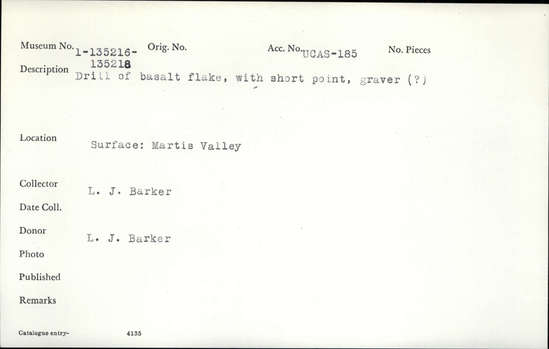 Documentation associated with Hearst Museum object titled Drill or graver, accession number 1-135217, described as Made of basalt flake, with short point, graver (?).
