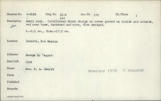 Documentation associated with Hearst Museum object titled Bowl, accession number 2-8195, described as Small bowl. Curvilinear black design on cream ground on inside and outside, red near base, darkened, worn, fire smudged. Height 9.4 cm., diameter 17.5 cm.