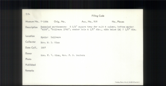 Documentation associated with Hearst Museum object titled Tray, accession number 7-1984, described as Enameled earthenware: 8 3/4” square tray for slt and spices; bottom marks: “4036”, “Tolivera 1760”