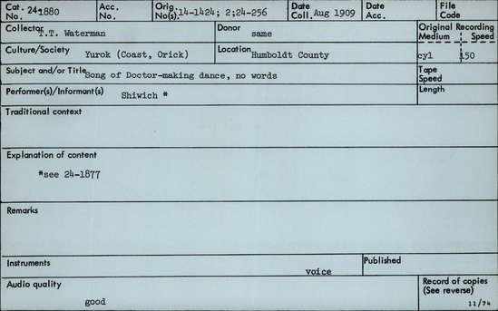 Documentation associated with Hearst Museum object titled Audio recording, accession number 24-1880, described as Song of Doctor-making Dance (no words)
