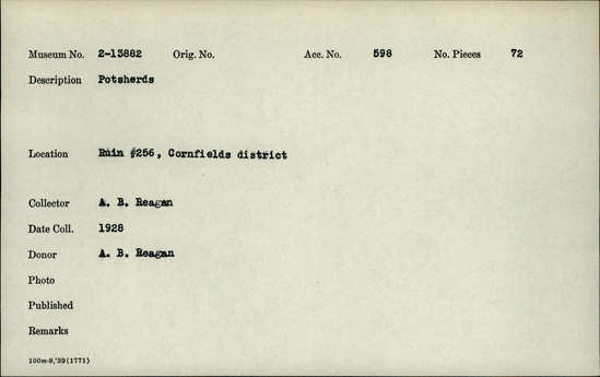 Documentation associated with Hearst Museum object titled Potsherd, accession number 2-13882, described as Potsherds