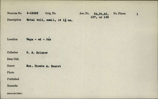 Documentation associated with Hearst Museum object titled Bell, accession number 6-16223, described as metal bell, small, ld 1.5 cm