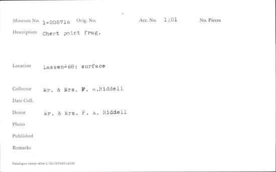 Documentation associated with Hearst Museum object titled Point fragment, accession number 1-205716, described as Chert.