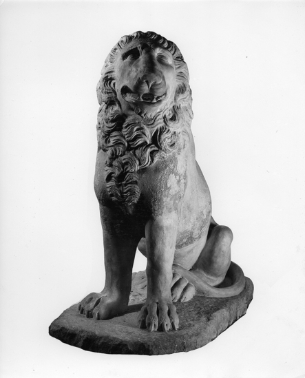 Hearst Museum object 4 of 4 titled Seated lion, accession number 8-4234, described as Seated lion, marble. Face, hind quarters, legs, and plinth restored by E. Gasseri, Rome.  According to Andrew Stewart, U.C. History of Art professor, this piece is of Greek workmanship, 3rd Century BC.