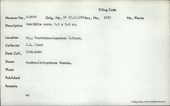 Documentation associated with Hearst Museum object titled Core, accession number 5-3807, described as Quartzite core; 5.5 x 5.0 cm.