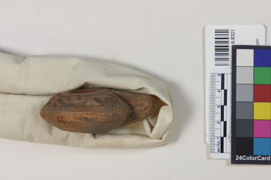 Hearst Museum object 2 of 7 titled Oil lamp, accession number 6-8321, described as Pottery lamp, classic type.