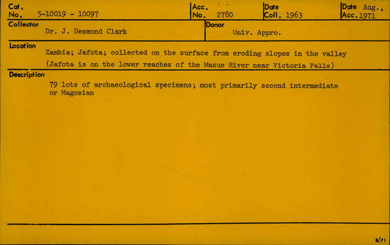 Documentation associated with Hearst Museum object titled Handaxe, accession number 5-10021, described as Handaxe