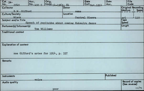 Documentation associated with Hearst Museum object titled Audio recording, accession number 24-2240, described as Speech of Yeyichbe about up-coming Kuksuyu Dance