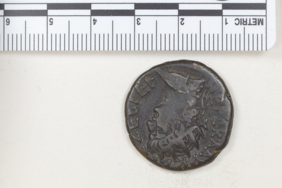 Hearst Museum object 5 of 6 titled Coin: billon tetradrachm, accession number 6-22584, described as obverse: bust of Nero, right. radiate, wearing aegis reverse: eagle standing left