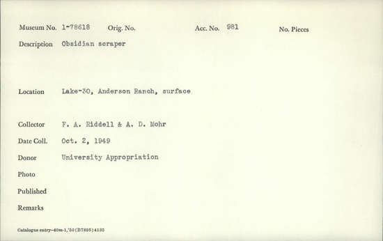 Documentation associated with Hearst Museum object titled Scraper, accession number 1-78618, described as Obsidian.
