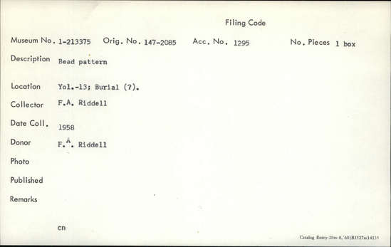 Documentation associated with Hearst Museum object titled Bead pattern, accession number 1-213375, described as Bead pattern