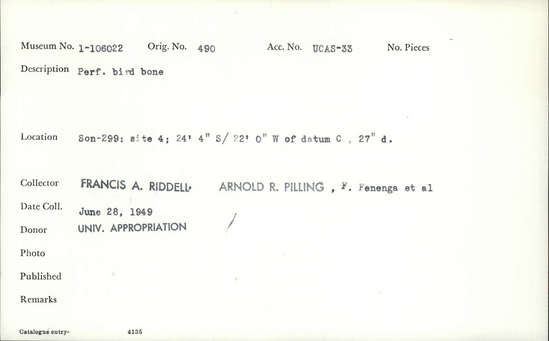 Documentation associated with Hearst Museum object titled Worked bone, accession number 1-106022, described as Perforated, bird bone.