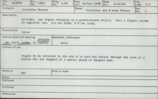 Documentation associated with Hearst Museum object titled Netsuke, accession number 9-7879, described as netsuke: one figure sleeping in a gourd-shaped object. Second figure stands at opposite end.