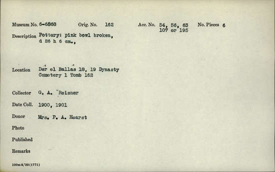 Documentation associated with Hearst Museum object titled Broken bowl, accession number 6-6868, described as Pottery: buff bowl, broken, diameter 22 cm, height 6 cm.