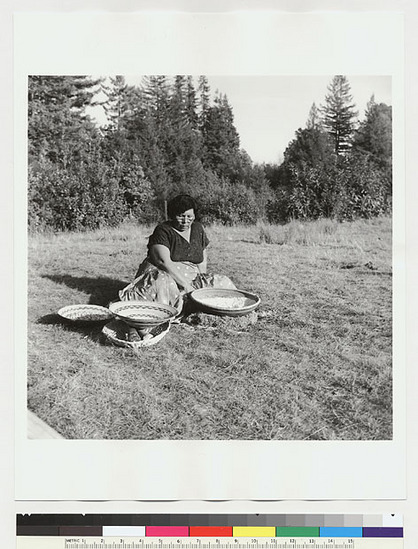 Hearst Museum object titled Black-and-white negative, accession number 15-19556, described as Essie Parrish preparing acorn meal