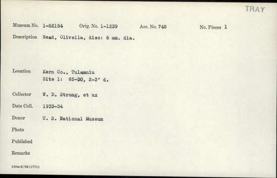 Documentation associated with Hearst Museum object titled Bead, accession number 1-52154, described as Olivella, disc.