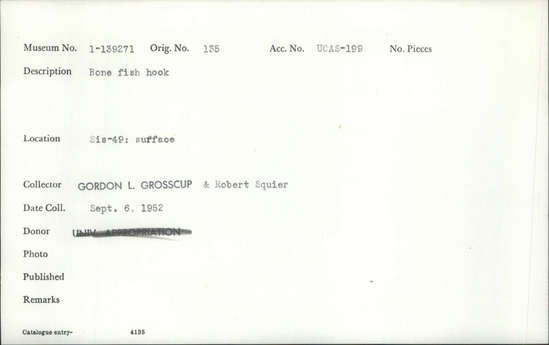 Documentation associated with Hearst Museum object titled Fishhook, accession number 1-139271, described as Bone fishhook