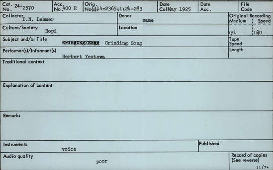 Documentation associated with Hearst Museum object titled Audio recording, accession number 24-2570, described as Grinding Song