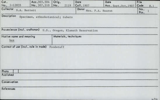 Documentation associated with Hearst Museum object titled Tubers, accession number 1-12835, described as (kes)