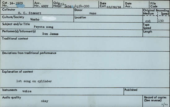 Documentation associated with Hearst Museum object titled Audio recording, accession number 24-2929, described as Peyote Song