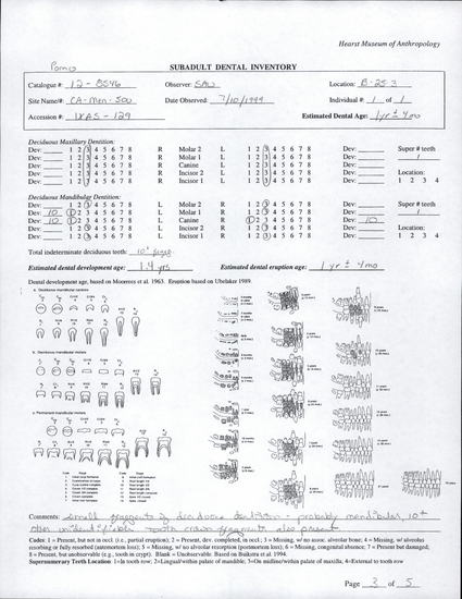 Documentation associated with Hearst Museum object titled Human remains, accession number 12-8546, described as Deciduous tooth fragments of an infant of indeterminate sex, aged 1 year ± 4 months.