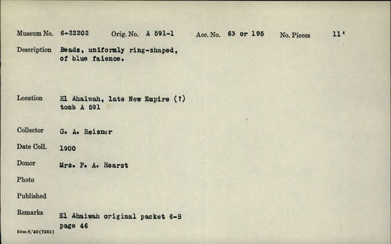 Documentation associated with Hearst Museum object titled Beads, accession number 6-22202, described as beads, uniformly ring-shaped, of blue faience