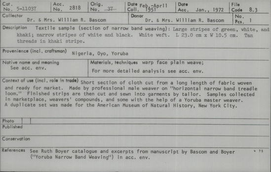 Documentation associated with Hearst Museum object titled Textile fragment, accession number 5-11037, described as Textile sample (section of narrow band weaving). Large stripes of green, white, and khaki; narrow stripes of white and black. White weft. Tan threads in khaki stripe.