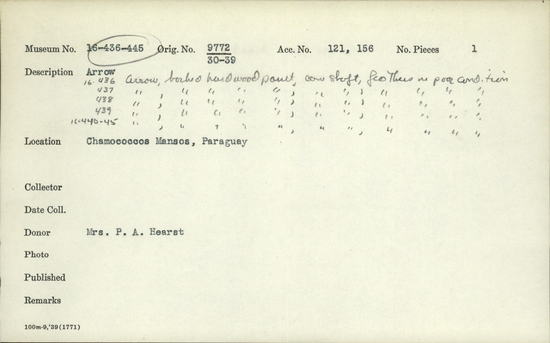 Documentation associated with Hearst Museum object titled Arrow, accession number 16-437, described as Arrow, barbed hardwood point, cane shaft, feathers in poor condition.